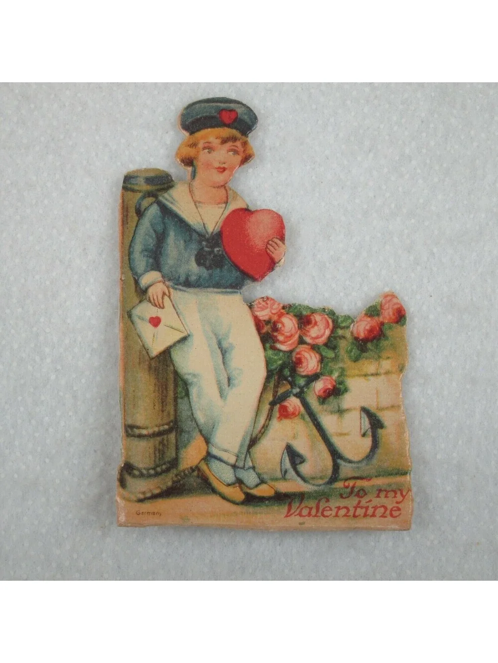 Vintage Valentine Die Cut Stand Up Boy Sailor Heart Rose Bush 1920s-30s Germany